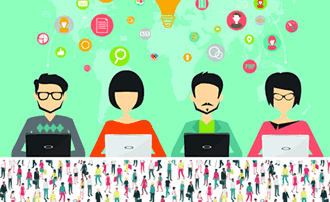 Graphic image representing people with laptops and ideas