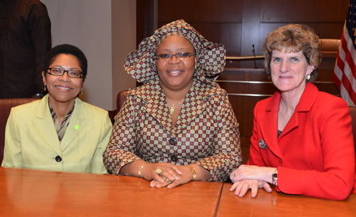 Professor Karen Bravo, Ms. Laymah Gbowee, and Dean Marion Broome