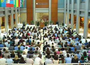 Students gathered in the Conour Atrium for Orientation